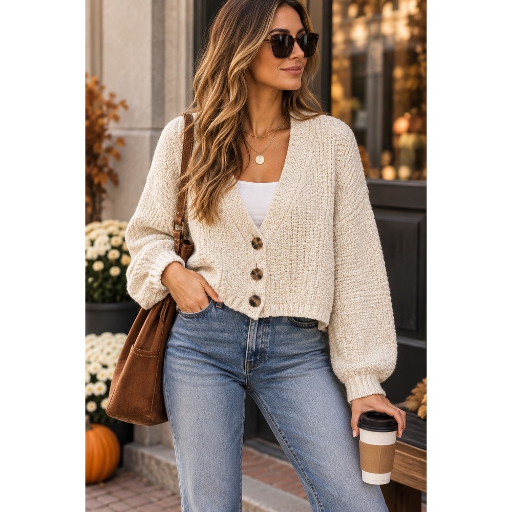 Urban Outfitters Women Cream Marled Knit Cropped Cardigan Sweater Small V-Neck
